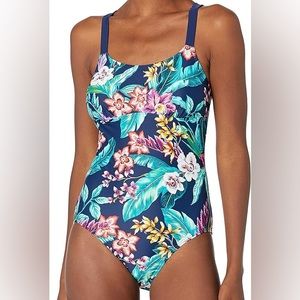 COSTAL BLUE Womens modest One Piece Swimsuit sz Large cross back (12-14) NWOT